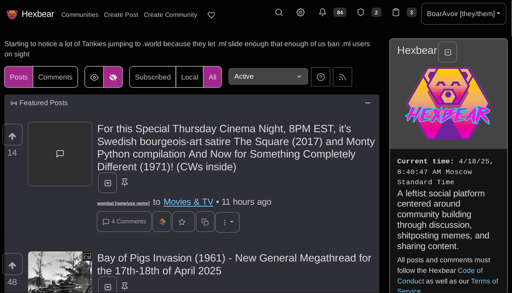 A screenshot of the hexbear.net homepage rendered with a black background, extra-large buttons and text, and other accessibility features.
