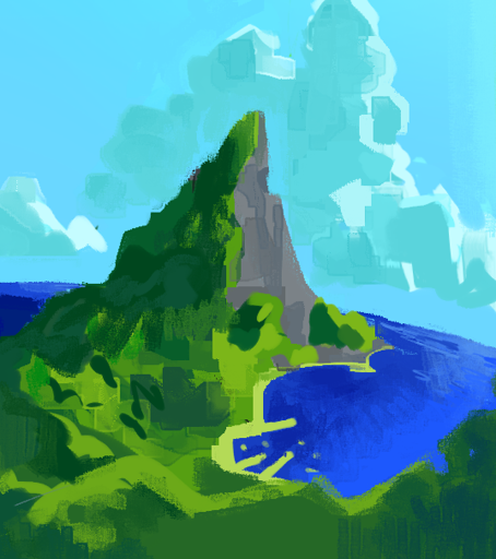a digital painting of a sunny island, with big clouds behind it.
