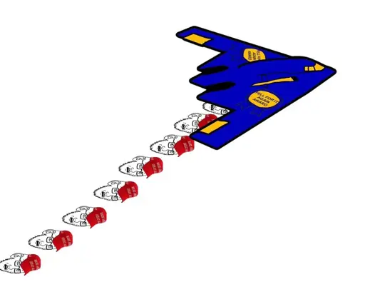 Drawing of a blue bomberplane with organge accents and the following text on it's wings: Fell for it again award. It is dropping caricature wojack depictions with a Make America Great Again hat as if they were bombs.