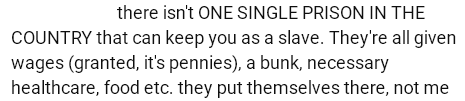 There isn't one single prison in the country that can keep you as a slave. They're all given wages (granted it's pennies), a bunk, necessary healthcare, food, etc. They put themselves there, not me.
