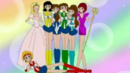 Screencap from "Elemental Goddess" showing the five Sailor Scouts and the goddesses Mandana and Amrita.