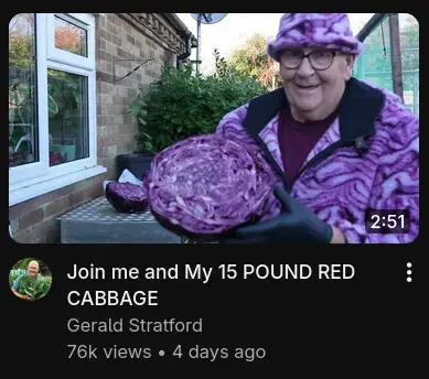 A Youtube video titled "Join me and My 15 POUND RED CABBAGE" by Gerald Stratford